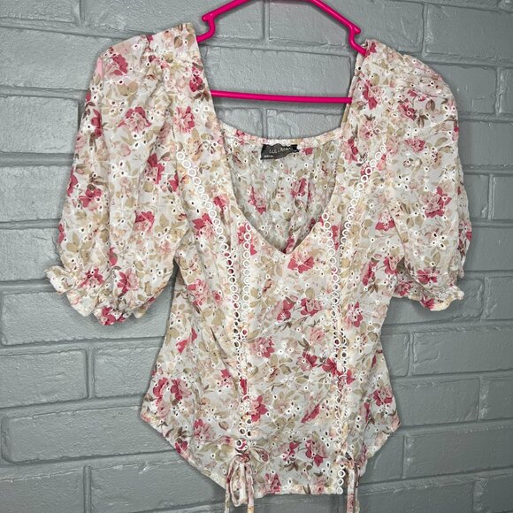 Lulumari Floral Eyelet Corset Style Puff Sleeve Chiffon Semi Sheer Blouse Med - Picture 3 of 12